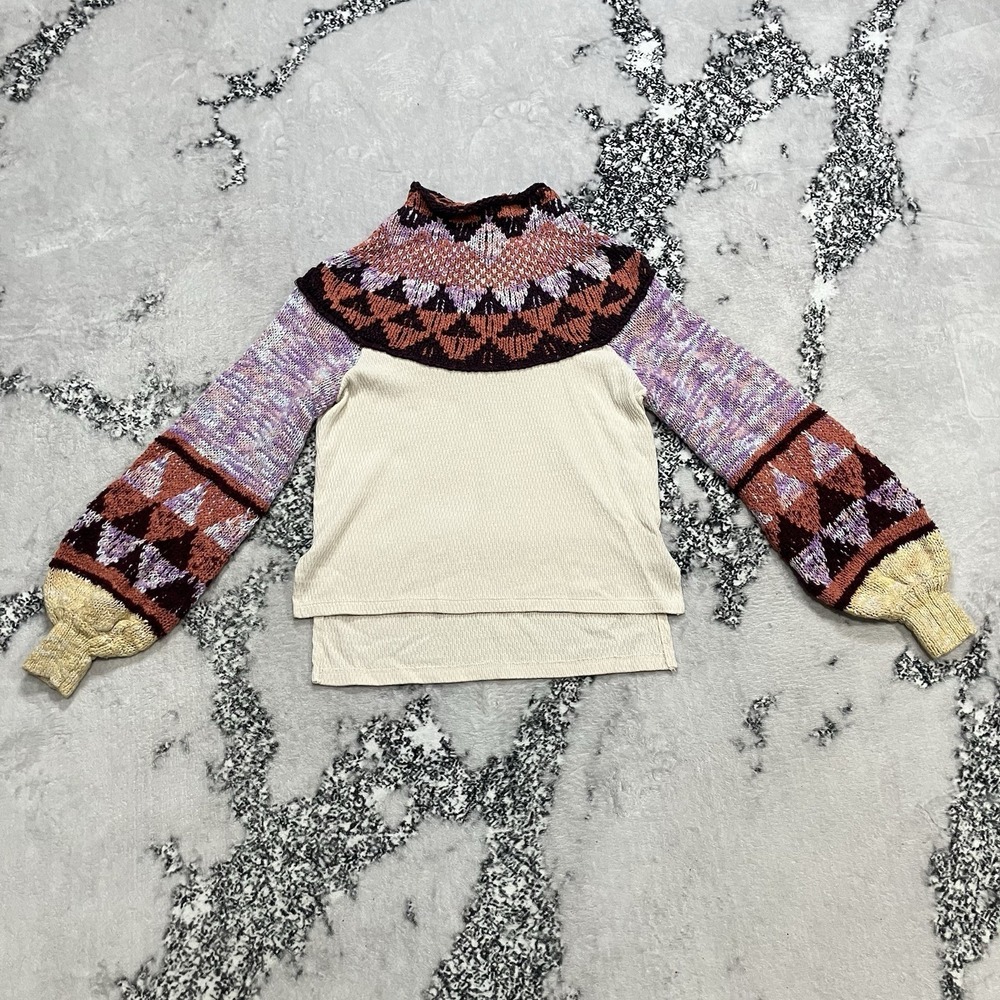 Free People Knit Sweater Patchwork Balloon Sleeve‎ Cream Multicolor Women xs